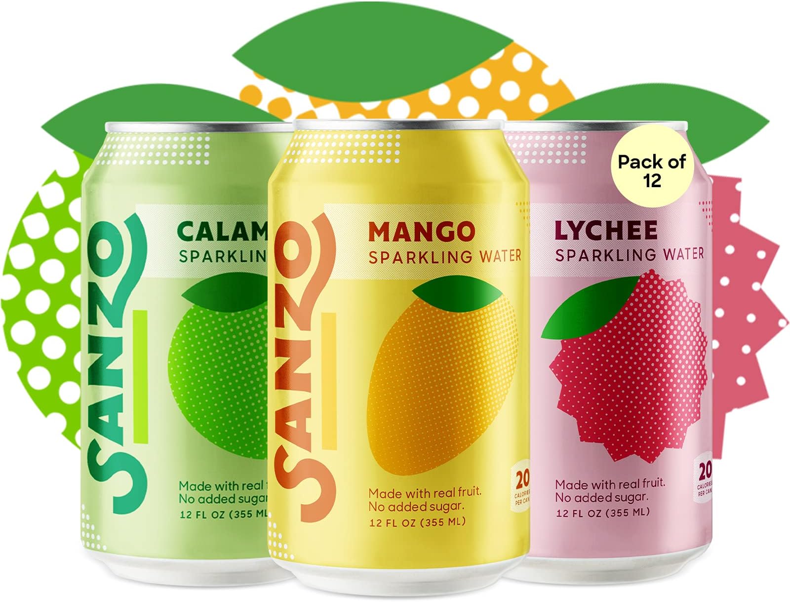 Flavored Sparkling Water Variety Pack - 12-Pack - Calamansi (Lime), Lychee (Berry) and Mango (Alphonso) - Made with Real Fruit and Sugar-Free - Non-GMO, Gluten-Free and Vegan - 12 Fl Oz Cans