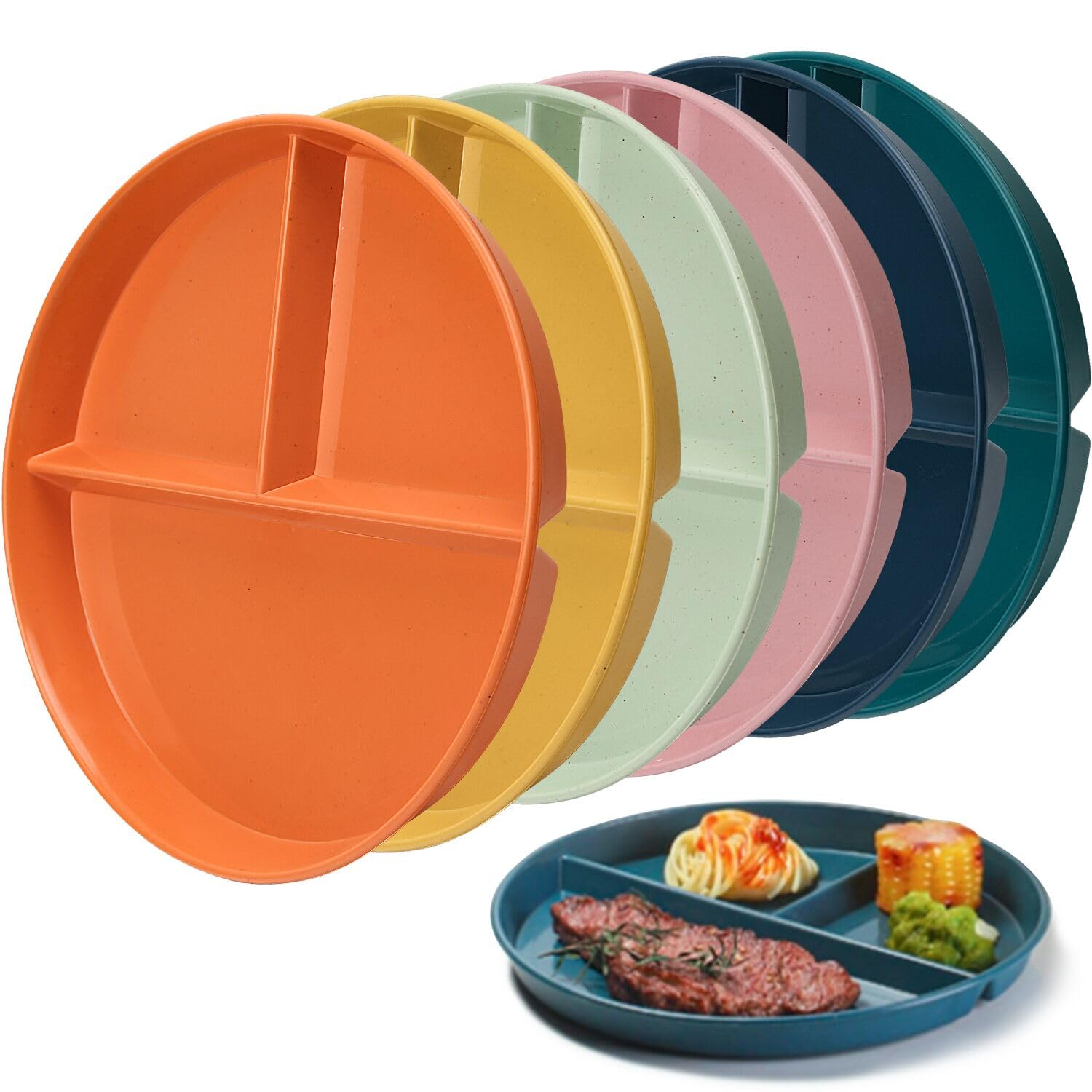 6 Pcs Divided Dinner Plate,9 inch Three Grid Portion Control Dinner Plate Unbreakable Reusable Lightweight Salad Plates Picnic Plates Student Dishes Set for Home, Canteen