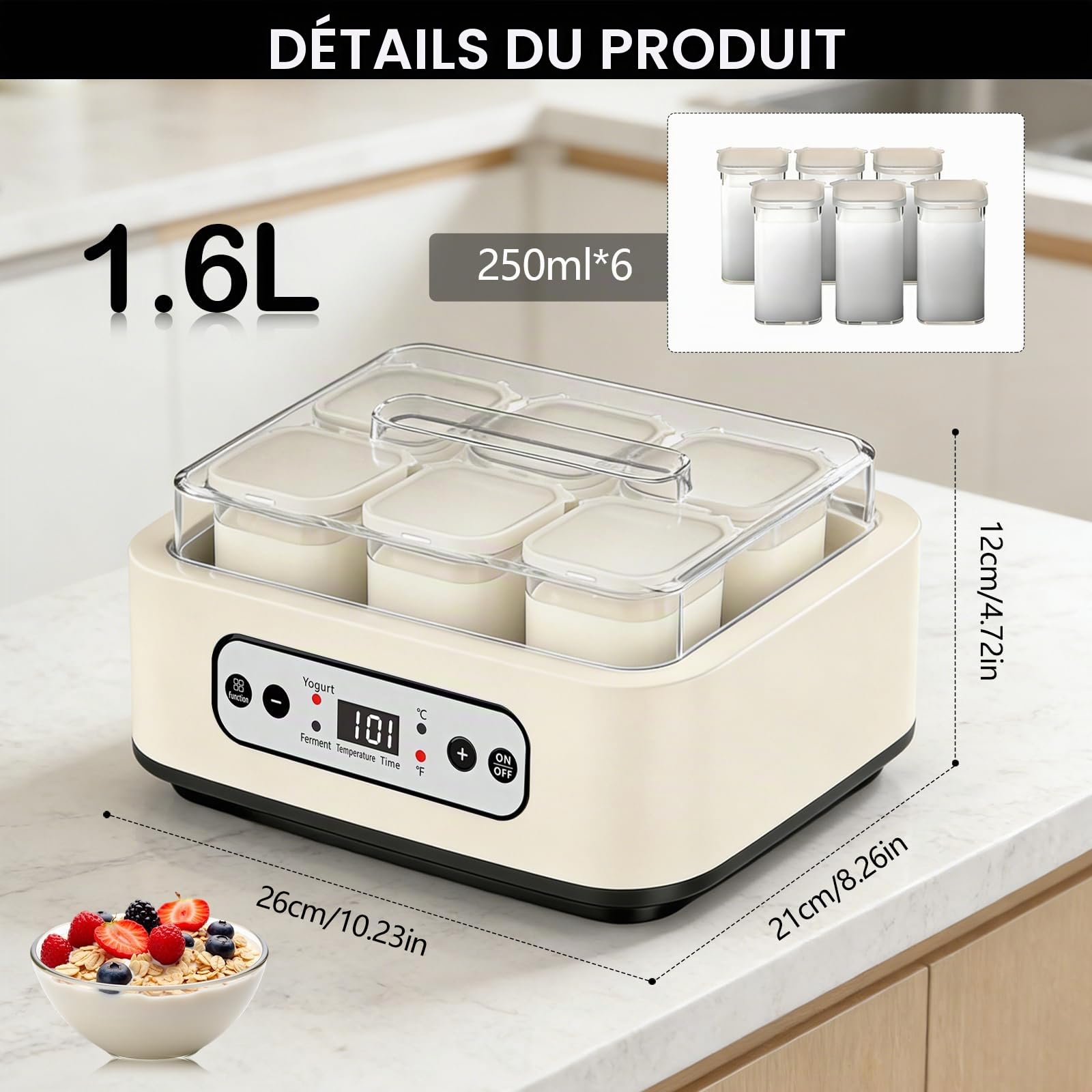 Yaourtière, Yaourtiere 1,6 L avec 6 Pots de 250 ml Yaourtière Électrique avec Minuterie Réglable de 1 à 99 Heures Contrôle de la Température de 21 à 48 °C et Écran LCD pour Yaourt Natto et Vin de Riz