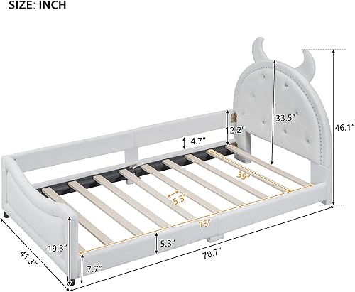 Miniatura 65 de Quarte Bonita cama de princesa tapizada de tamaño matrimonial con cabecero de corona, no requiere somier Beige/orejas de dibujos