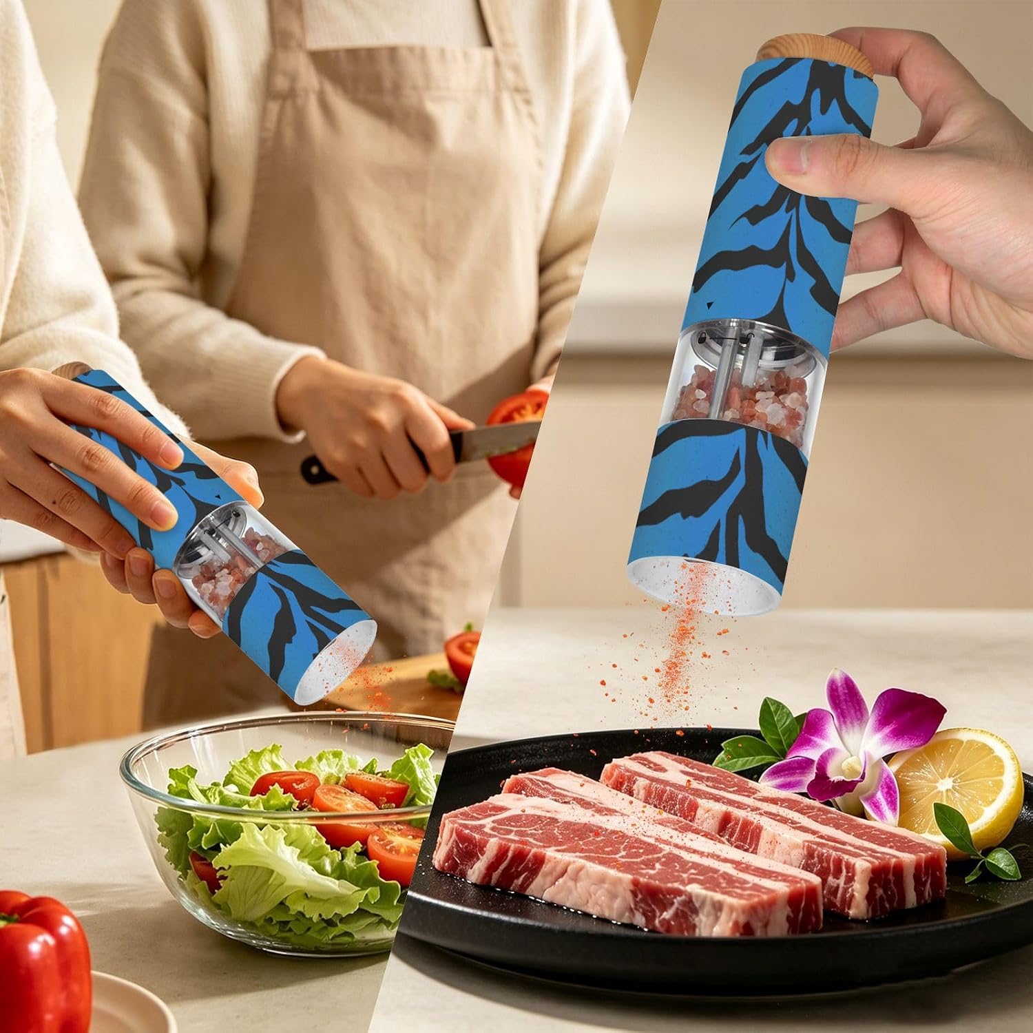 ALAZA Electric Pepper Grinder with Adjustable Coarseness, Blue Tiger Black Stripes Pattern Battery Automatic Salt and Pepper Mill with Led, One-Handed Operation Spice Grinder for Kitchen, Camping & BB