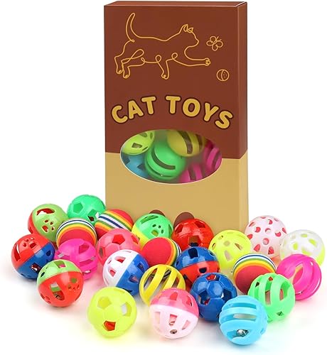 Miniatura 7 de Paquete de 24 bolas de plástico para gatos, bolas de celosía con campana, juguete de gatito, bola de arcoíris, estilos de caja de regalo