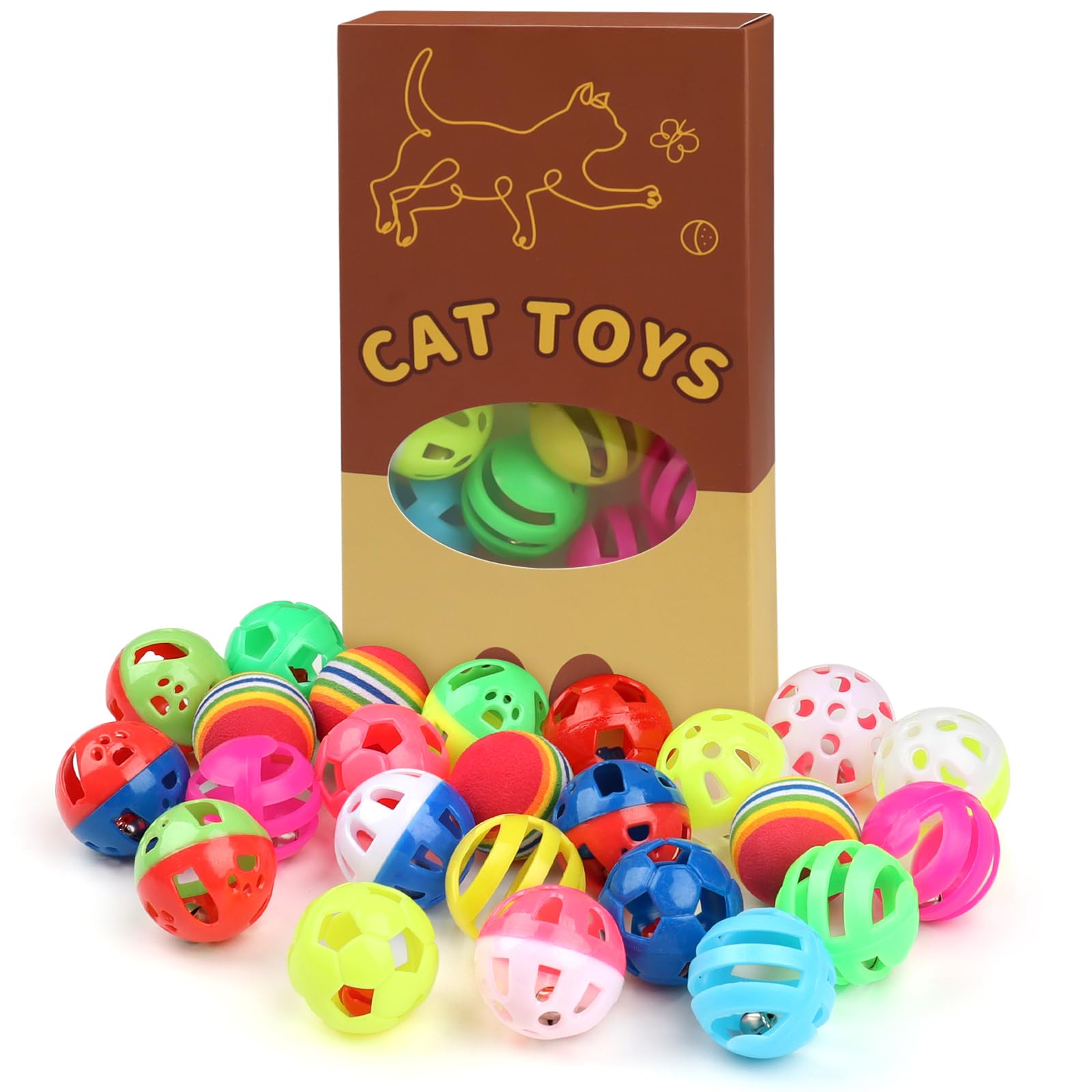 QUOZUO 24 Stück Katzenspielzeug Bälle, Bunte katzenbälle mit Geräusch, Katzen Glöckchenball Interaktives Spielzeug für Katzen Kitten
