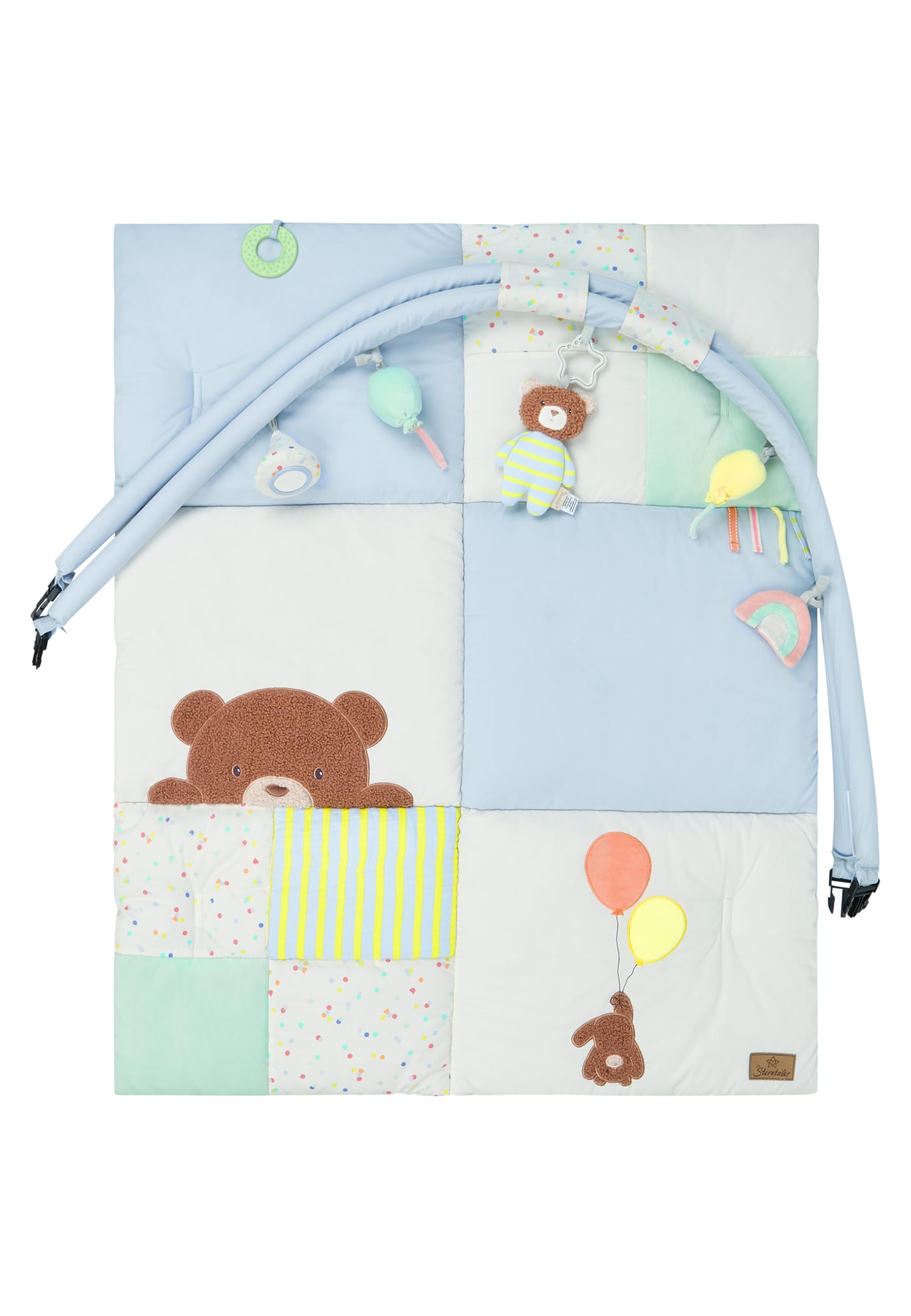 Sterntaler Spielbogen Bär Bob, Baby-Spielbogen mit Patchwork-Design, Stickmotive, Spiegel, Rassel, Quietsche und Knisterpapier, abnehmbarer Bogen und Spielteile, wattiert, 100×80×3 cm, bunt