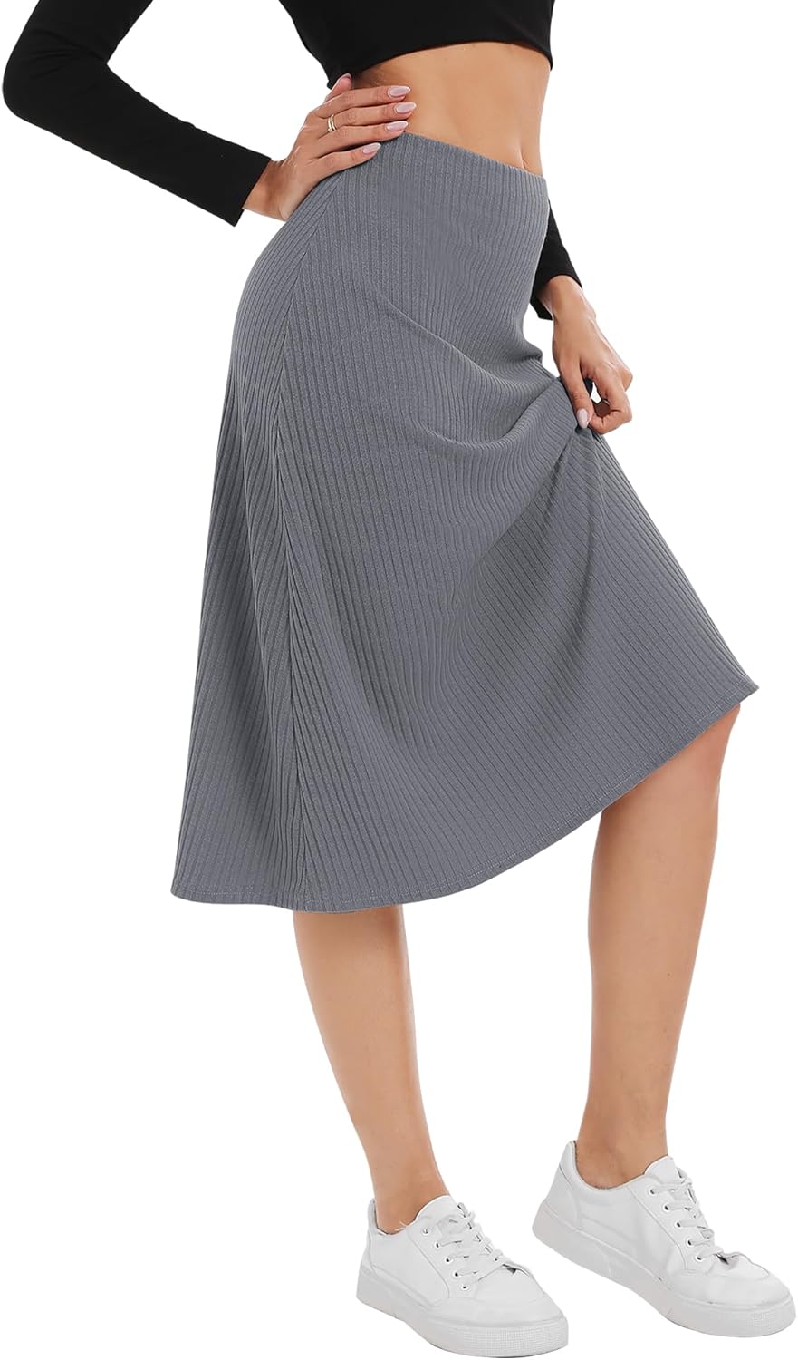 Urban CoCo Women's Elastic High Waist A-Line Flared Midi Skirt Solid Ribbed Knit Skirts - Image 3
