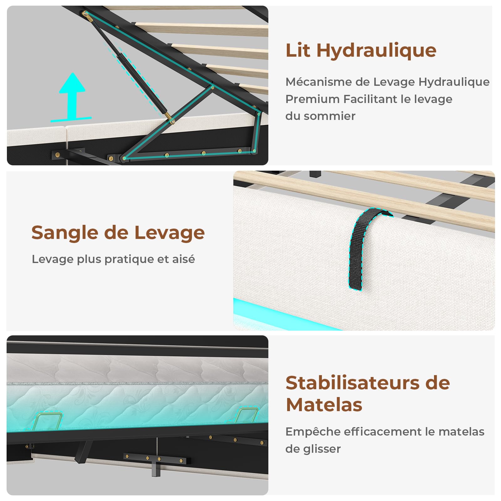 AOGLLATI Lit Coffre 140×190 avec LED et Ports USB,Tête de Lit capitonné avec Étagères Ouvertes et Rangement Caché, lit 2 Personnes avec Hydraulique, Sommier à Lattes, Lin Beige (sans Matelas)