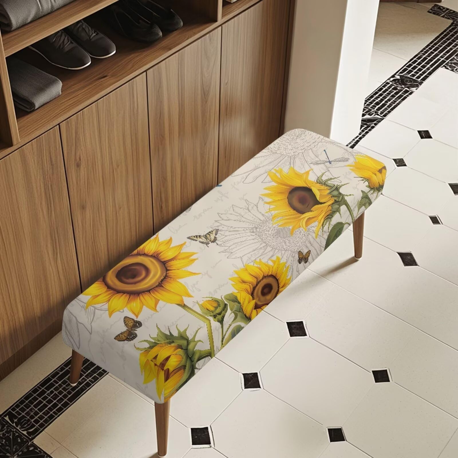 Qehuruxo Sunflower Dining Room Bench Covers,Bench Covers Slipcover Rectangle,Dustproof Washable Seat Cushion Protector,Easy to Install