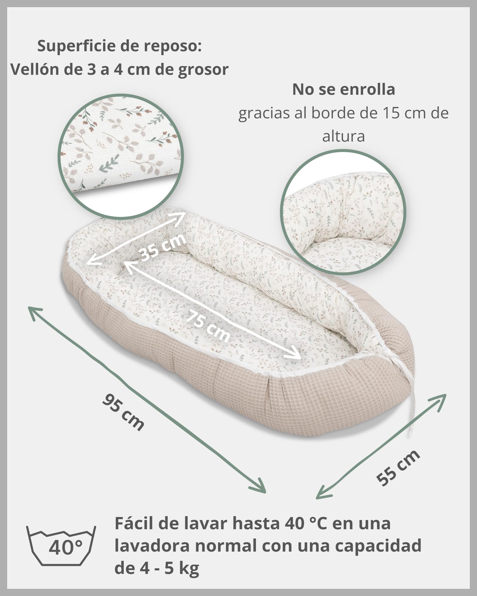 Nido para bebé de ULLENBOOM ® Arena floral (nido de 55 x 95 cm de algodón; apto como cuna de viaje y para el colecho; dibujo: estrellas)