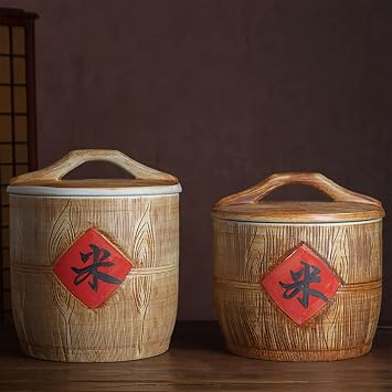 Ceramic Rice Bucket, 5kg 10kg 15kg Rice Bucket with Lid, Hand Carved. Grain Storage Food Dispenser, Rice Storage Bins, Sealed Storage Tank, Food Containers Jar for Rice, Soybeans, Corn(5KG)