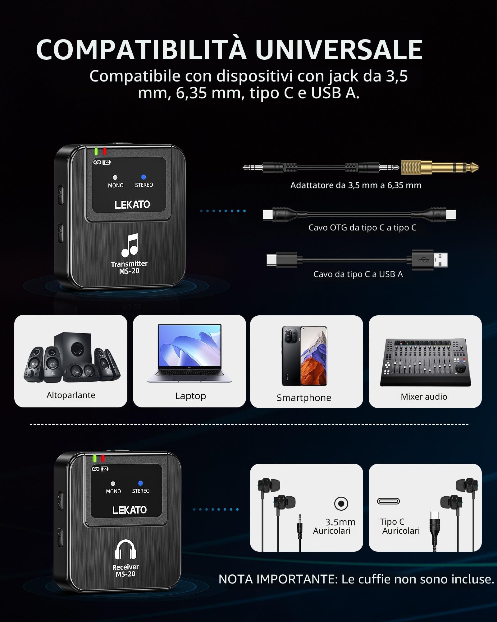 LEKATO Sistema di monitoraggio in-ear wireless, Sistema IEM stereo wireless professionale 2.4G con trasmettitore e ricevitore, OTG, adatto per prove di band, spettacoli dal vivo (1TX+1RX)