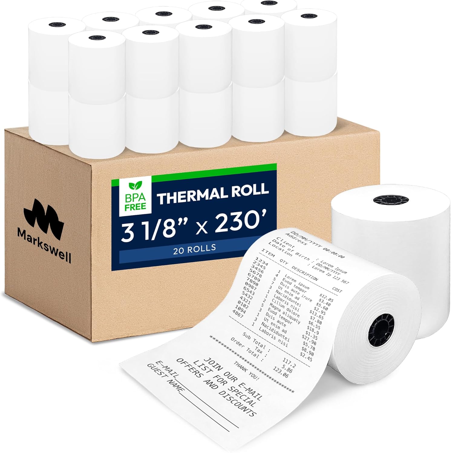 3 1/8" x 230' Thermal Paper (20 Rolls) - BPA Free Receipt Paper, 48 GSM Safe Thermal Printer Paper & POS Register Tape