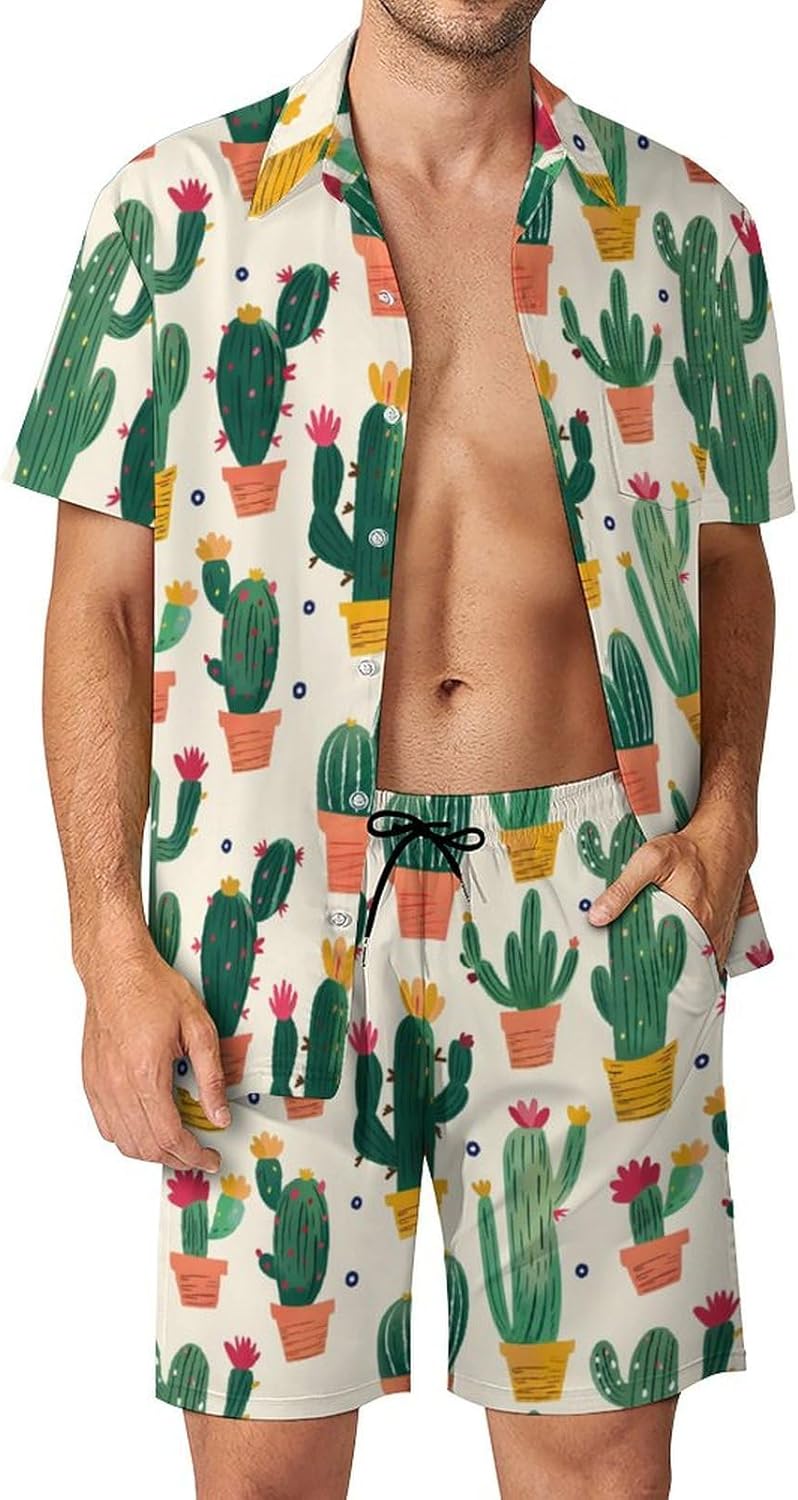 Cute Cactus Plants Men's Summer Beach Outfits Shirt And Shorts Set 2 Piece Vacation Swimwear