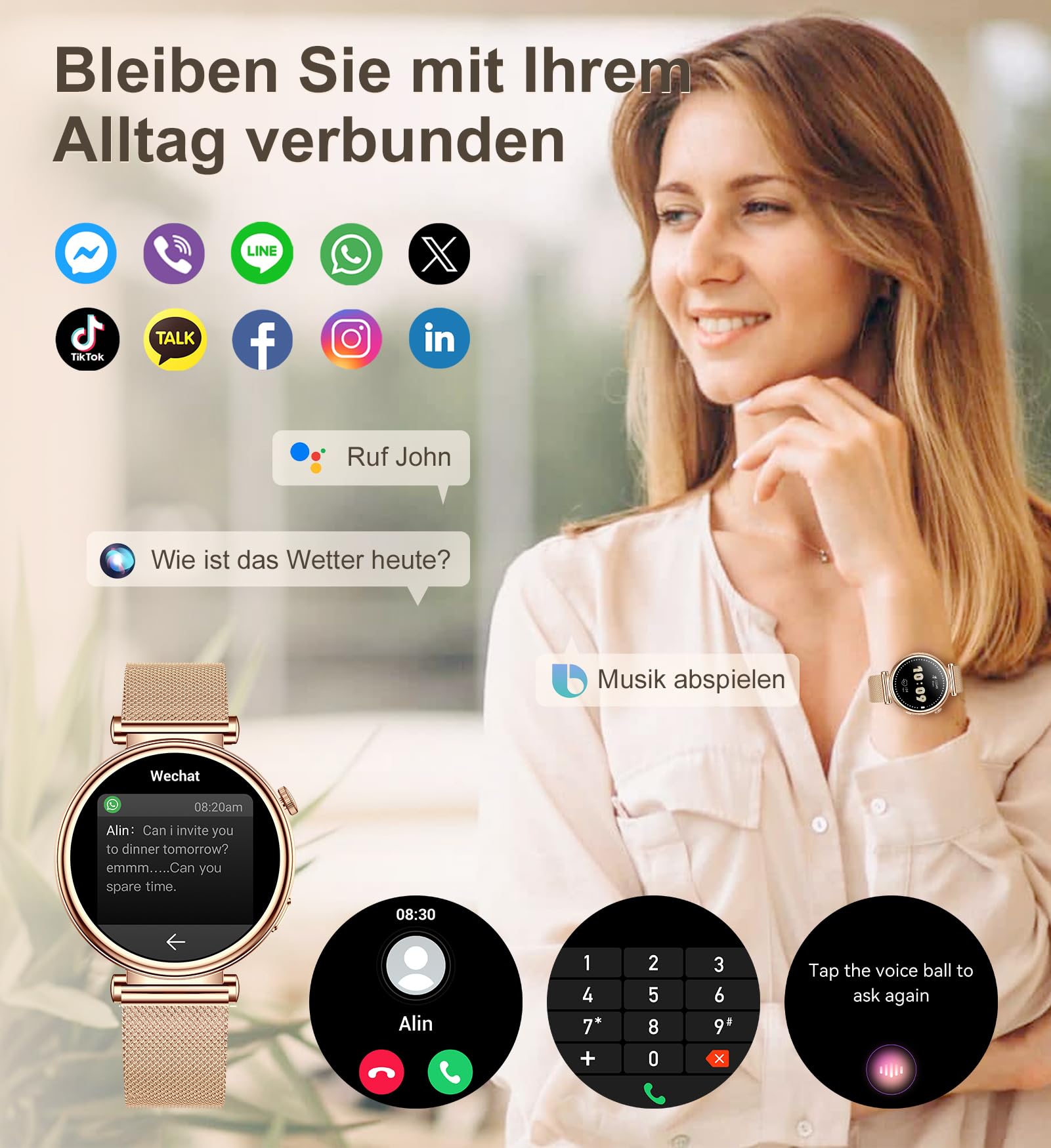 Smartwatch Damen mit Telefonfunktion 1,27" HD Touchscreen 41mm Fitness Tracker 100+ Sportmodi Schlafmonitor Schrittzähler Rund Smart Watch für iOS Android Roségold