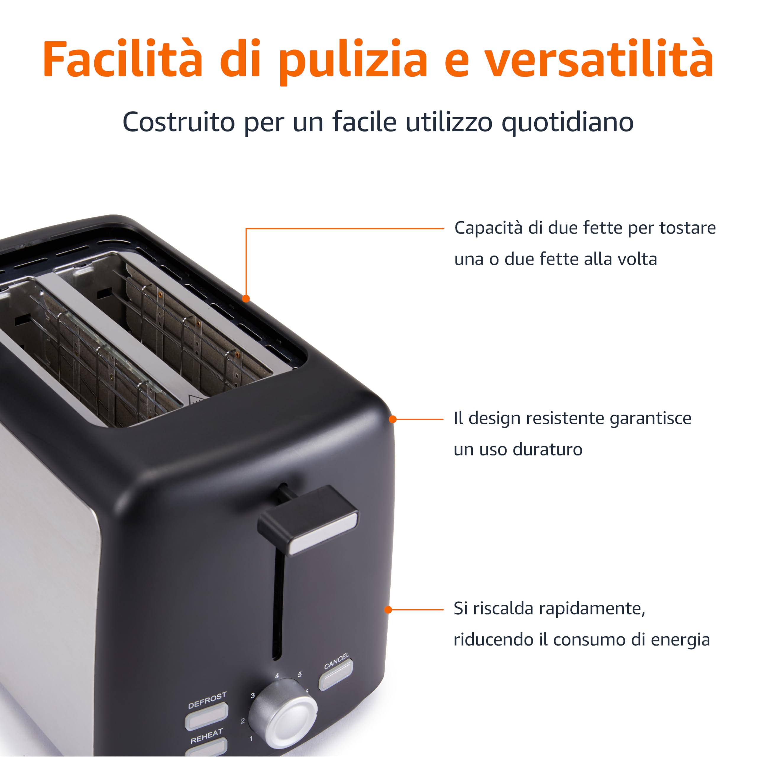 Amazon Basics Tostapane 2 Fette con 7 Livelli di Doratura e Vassoio Raccogli Briciole Estraibile, Slot Extra Larghi, 800W, Nero