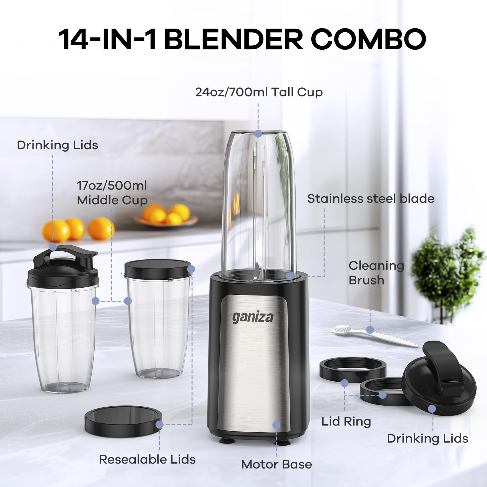 Ganiza Mixeur 900W, Mini Blender pour Smoothies, avec 3 Gourdes Portables (2×500ml+1×700ml), Lame à 4 Couteaux en Acier Inoxydable, Sans BPA, Blender Électrique pour Shakes, Smoothies