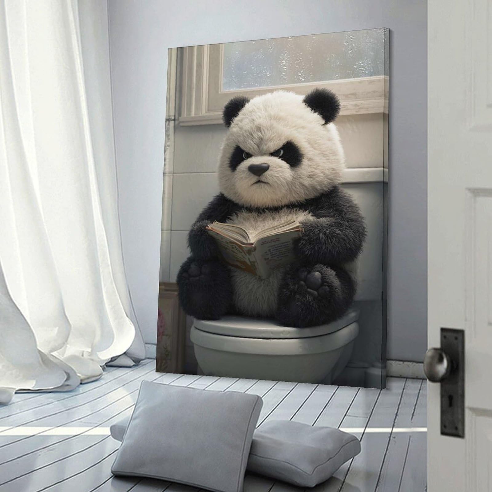 Junmoney Grumpy Panda Reading on Toilet Decorative Wall Artwork, 24x36inch(60x90cm), for Home Lounge, Bedroom Or Reading Nook, Easy Decor for Gallery Walls