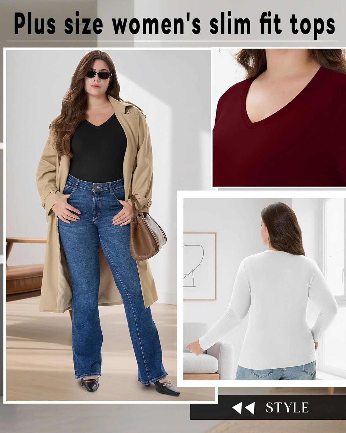 4 Pack Women's Plus Size Long Sleeve Shirts V Neck Slim Fitted Basic Tops Casual Layering Tee Undershirts - Image 5