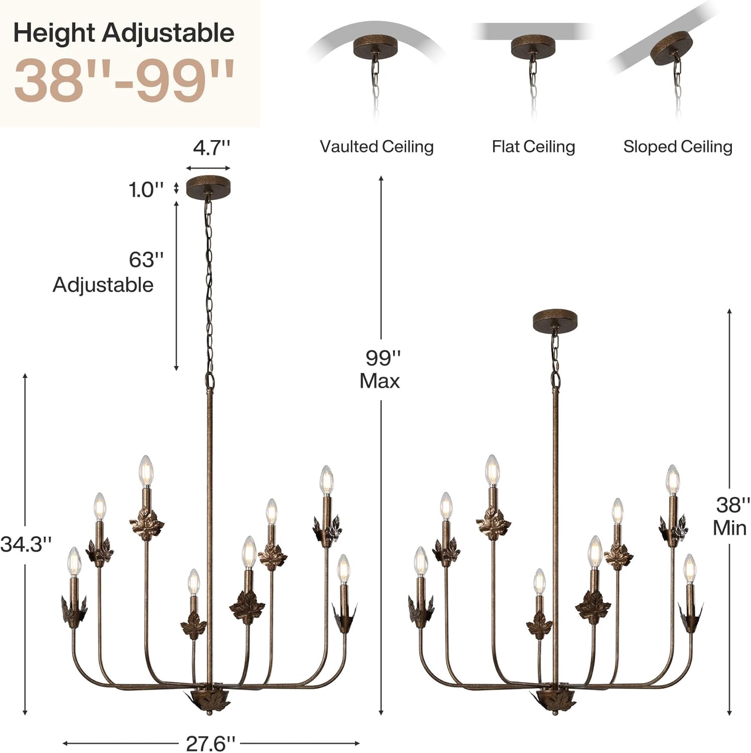 Tribesigns 27-Inch Rustic Chandeliers for Dining Room, 8-Light Vintage Metal Ceiling Light Fixture, Industrial Candle Pendant Light for Living Room, Bedroom, Kitchen Island (Distressed Bronze)