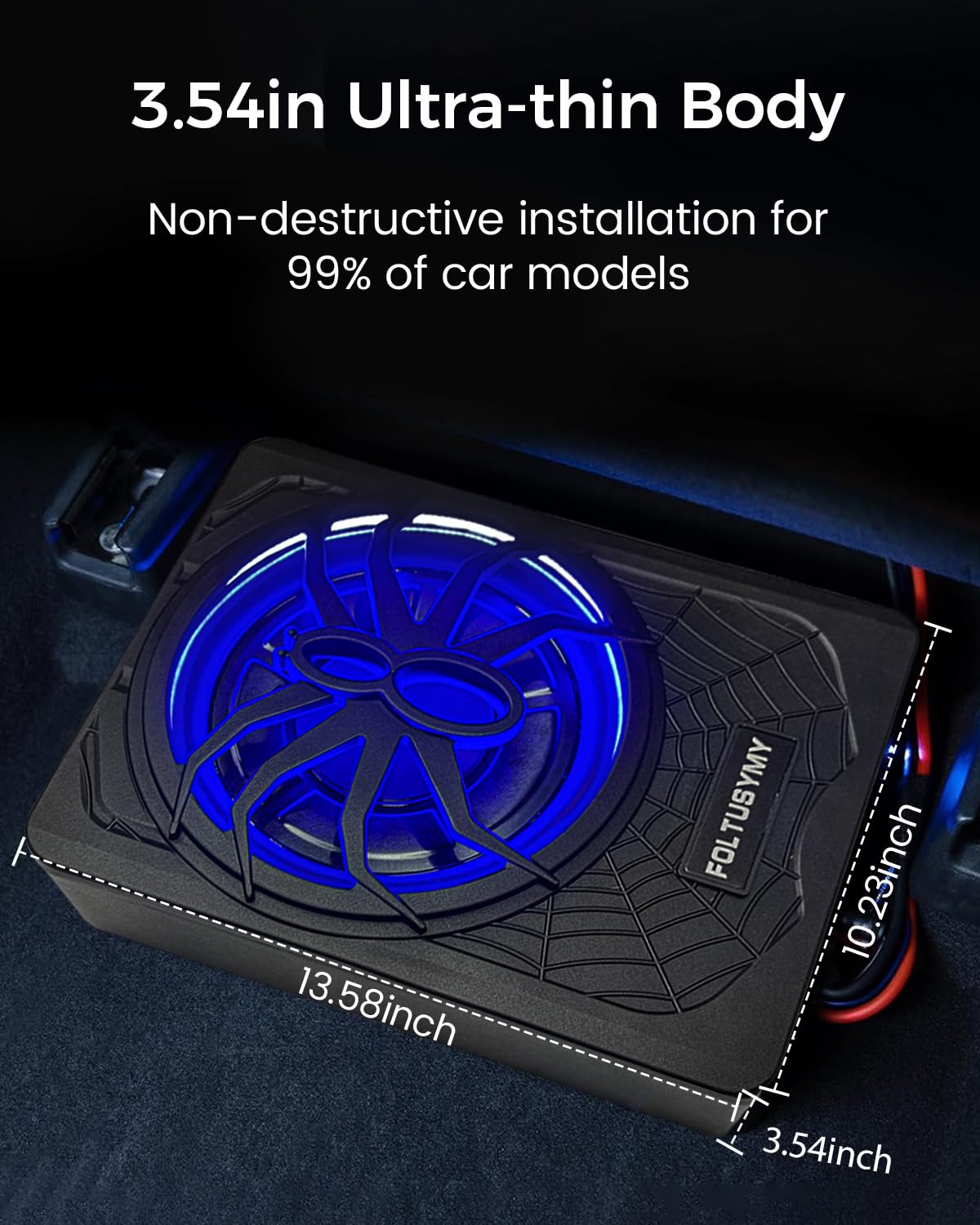 1200W 10" Slim Under Seat Powered Car Subwoofer, High/Low Level Input, Car/Truck Audio Sub Built-in Amplifier amp Combo Package, with Blue LED Light