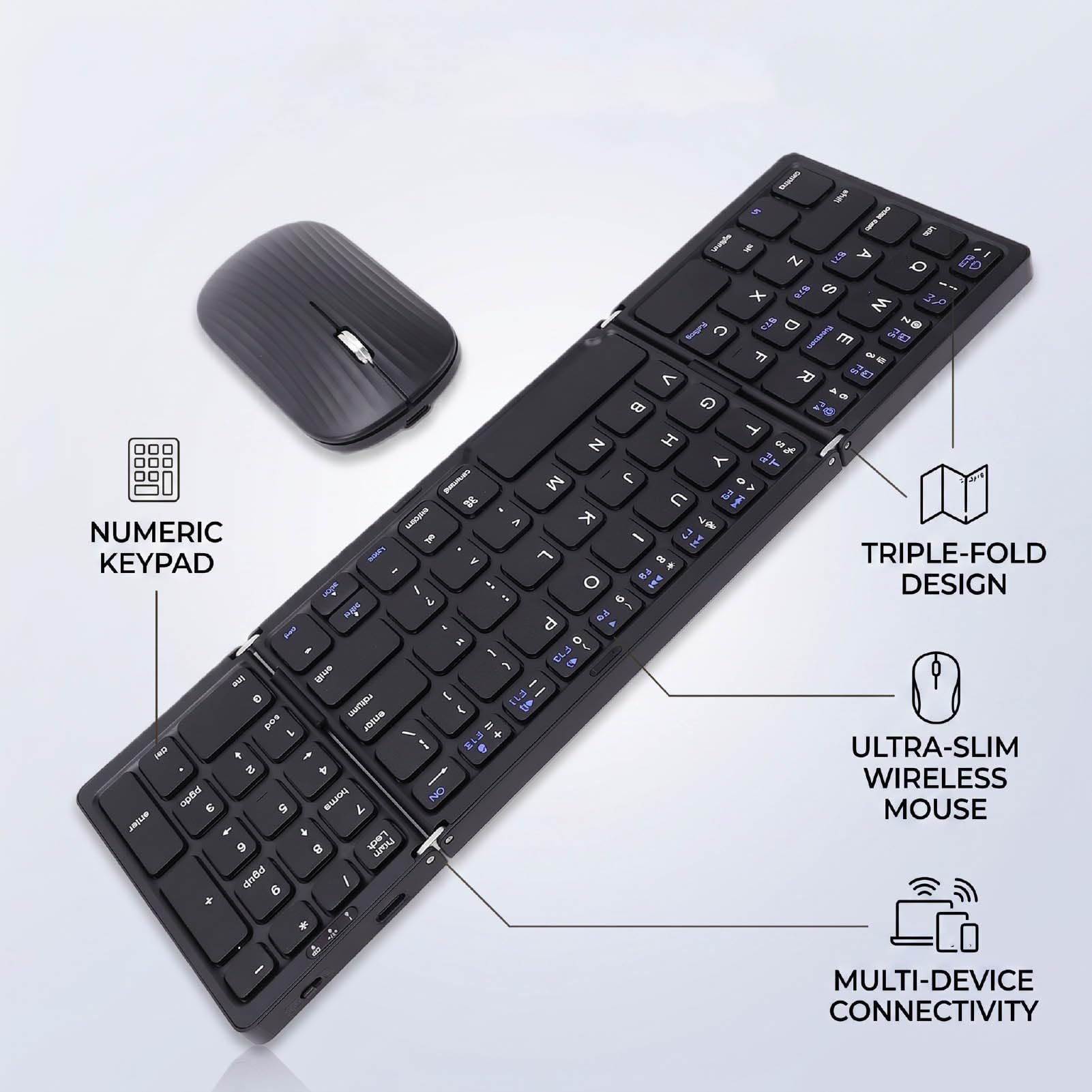 Jectse Tastiera Bluetooth Pieghevole con Tastierino Numerico, Tastiera Wireless e Set Mouse per Tablet Smartphone
