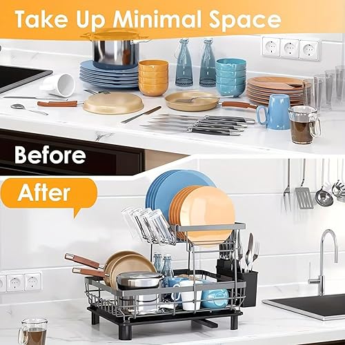 Miniatura 4 de DMTXCRP Escurridor de platos, ahorro de espacio y duradero, a prueba de óxido, estantes grandes de acero inoxidable de 2 niveles para encimera de