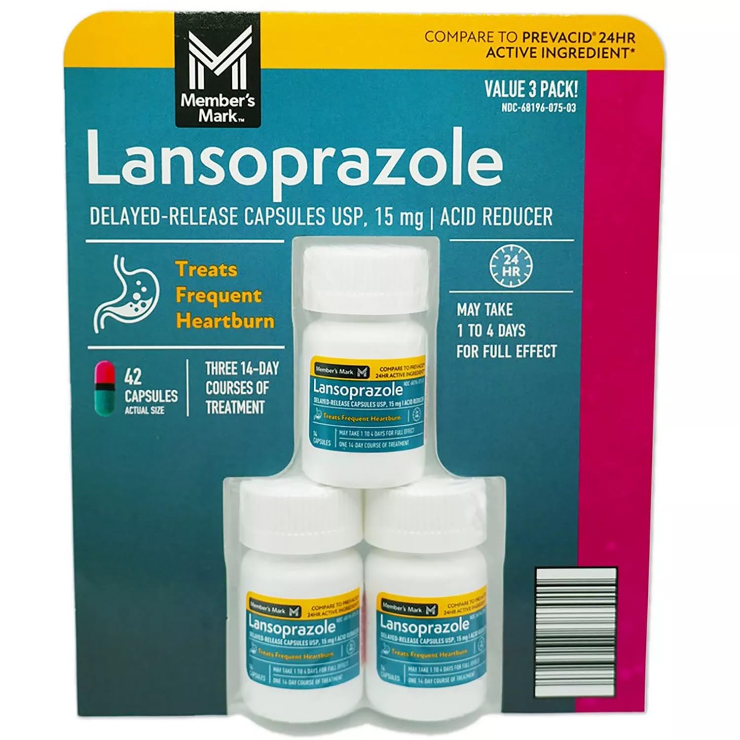 Member's Mark Lansoprazole Delayed-Release Capsules, 15 mg (42 Count)