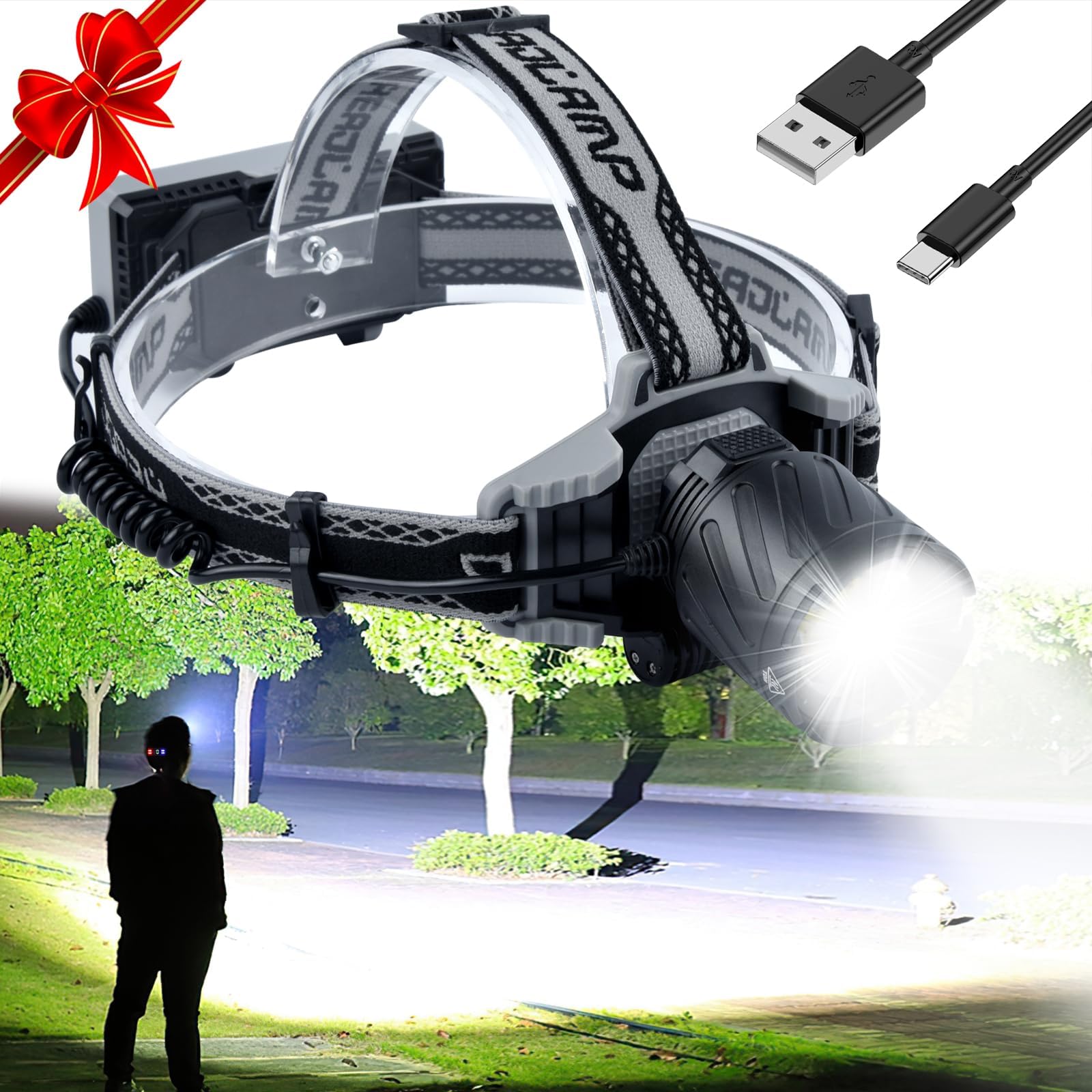 Headlamp Rechargeable for Adults to Wear, 500000 High Lumens Bright Head Lamp Outdoor LED with Zoomable 4 Modes, Power Display and Warn Light, for Waterproof Running, Hunting, Hiking and Camping