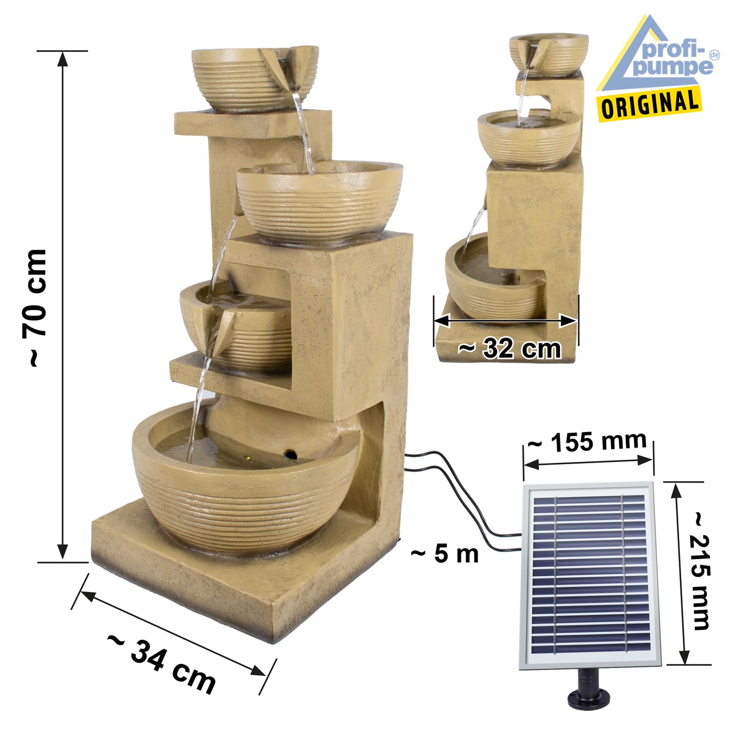 Fontaine de Jardin Solaire avec Batterie Li-ION et Lumière LED 70 cm - Bols Versants 4 Niveaux