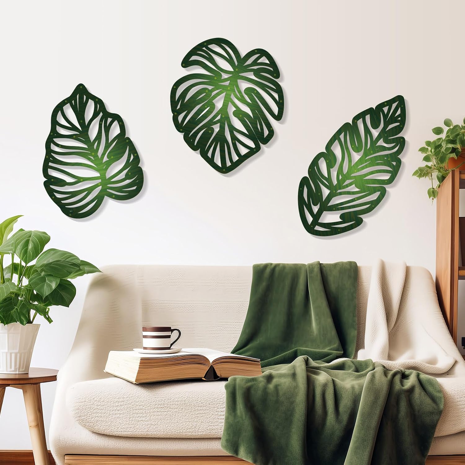 Zzbakress 3 Pcs Wooden Palm Leaves Wall Art Tropical Leaf Wall Art Natural Plant Wall Decor Vintage Wood Hollow Wall Decoration for Living Room Kitchen Bedroom Garden Office (Farmhouse, Leaves-A) (Farmhouse)