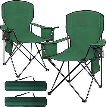 2-Pack Heavy Duty Camping Chairs, 400 LBS Capacity Folding Outdoor Chair with Cooler Bag & Cup Holder, Oversized Portable Lawn Chair for Camping, Fishing, Tailgating, Beach Green