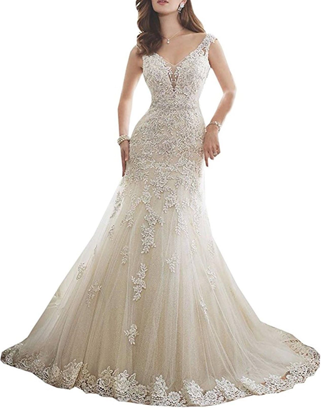 ANJURUISIWedding Dress for Bride Lace Bridal Dress Mermaid Bride Dresses with Long Train