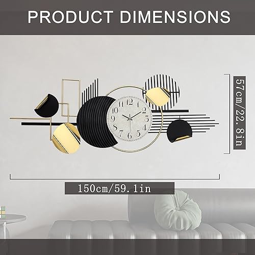 Miniatura 2 de HAVFIFK Arte de pared de metal con geometría moderna, decoración de pared de 59.1 x 22.8 pulgadas, reloj de pared analógico, silencioso, sin tictac,