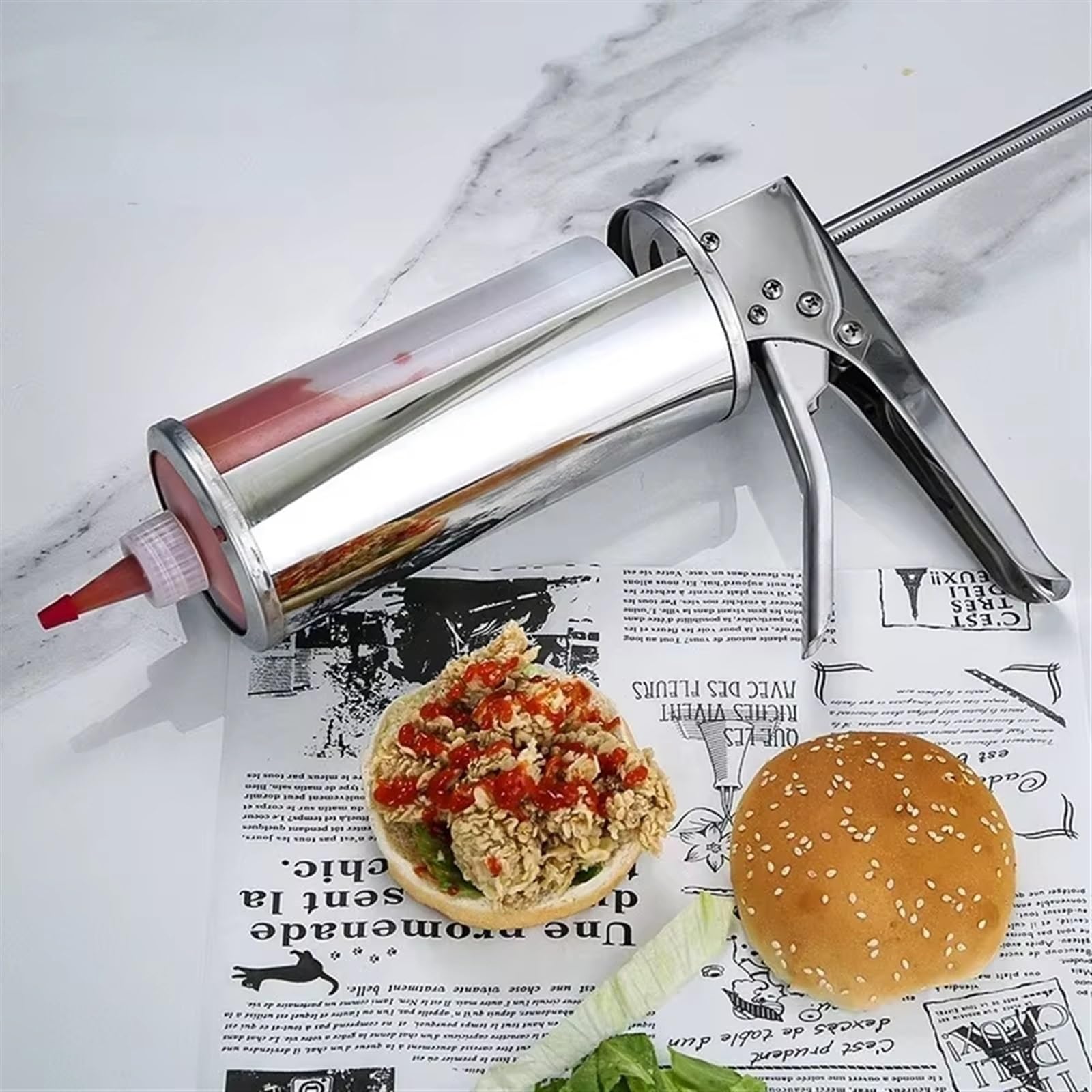 Ręczny dozownik sosów, butelka wyciskana ze stali nierdzewnej do keczupu, pomidora, sosu sałatkowego, 650 ml, napełniacz do dżemu hamburgerowego i pistolet do sosów z dwiema butelkami