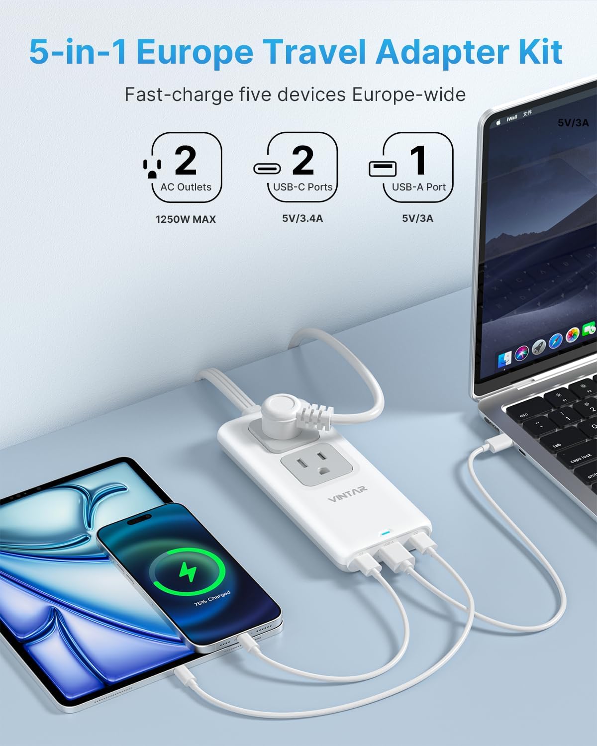 European Travel Plug Adapter, VINTAR Universal Travel Adapter with 5ft Extension Cord, 2 Outlets and 3 USB Ports, Type C/G/E/F/L Plug for EU/UK/France/Italy, Power Strip for Travel Home Cruise Ship