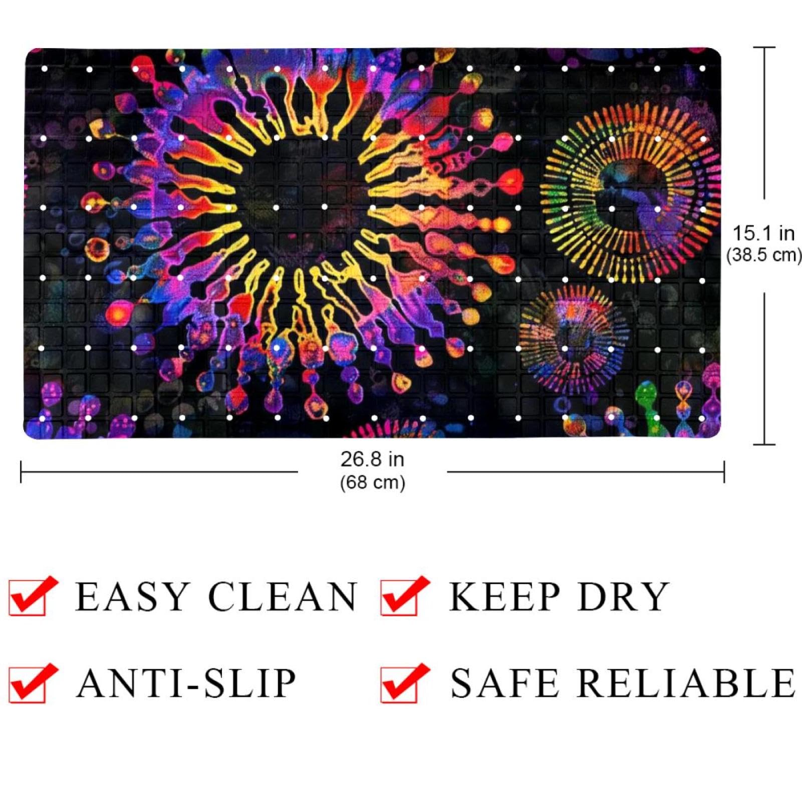 Tapis de bain de qualité supérieure - Antidérapant, facile à nettoyer et sans danger pour toute la famille - Fond noir tie-dye