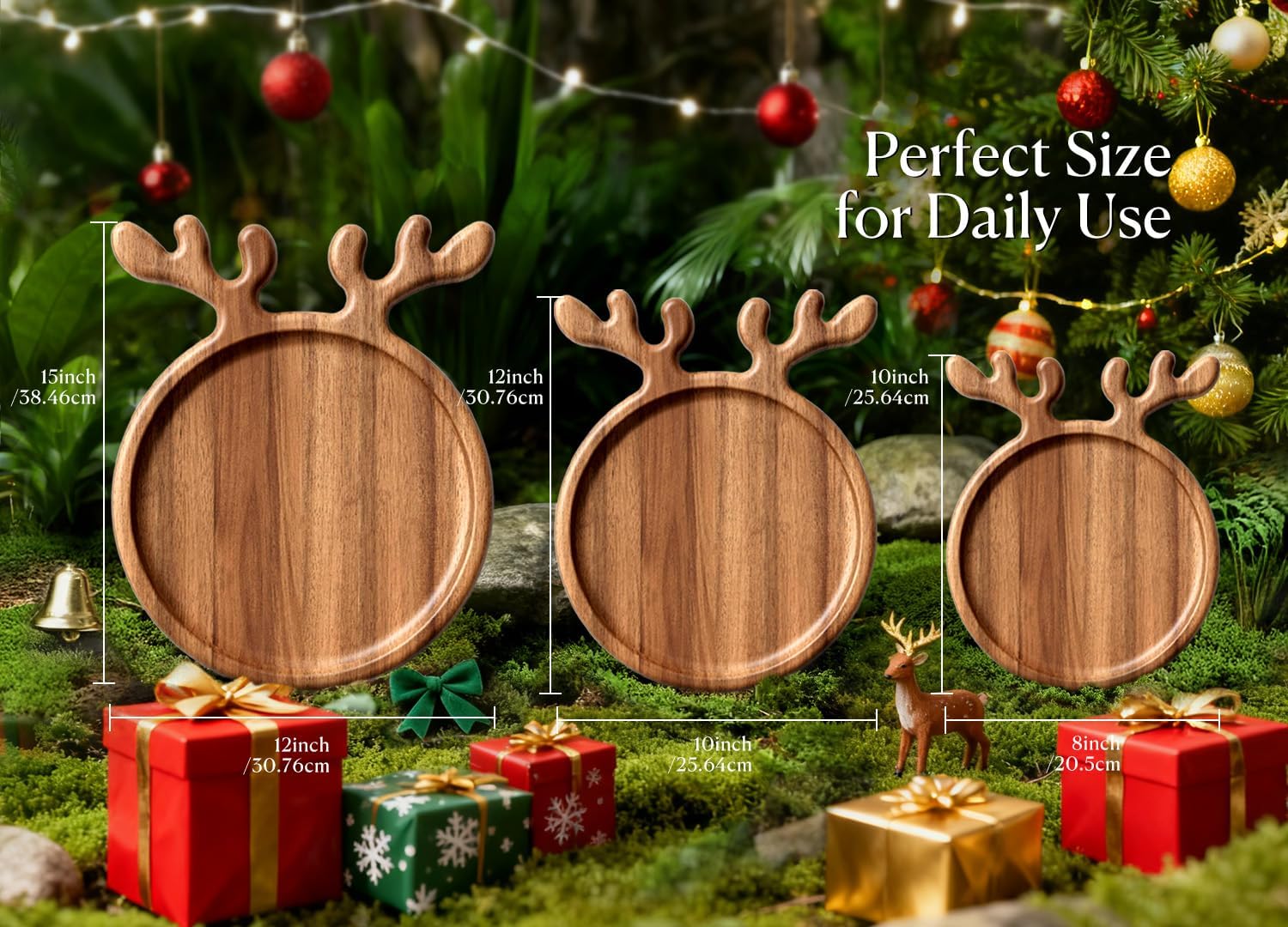 Acacia Antler Christmas Serving Platter, 12" x 15" Round Wooden Food Dish, Serving Dishes Charcuterie Board Tray for Cheese Fruit Bread, Christmas Platter for Housewarming Decro Wedding