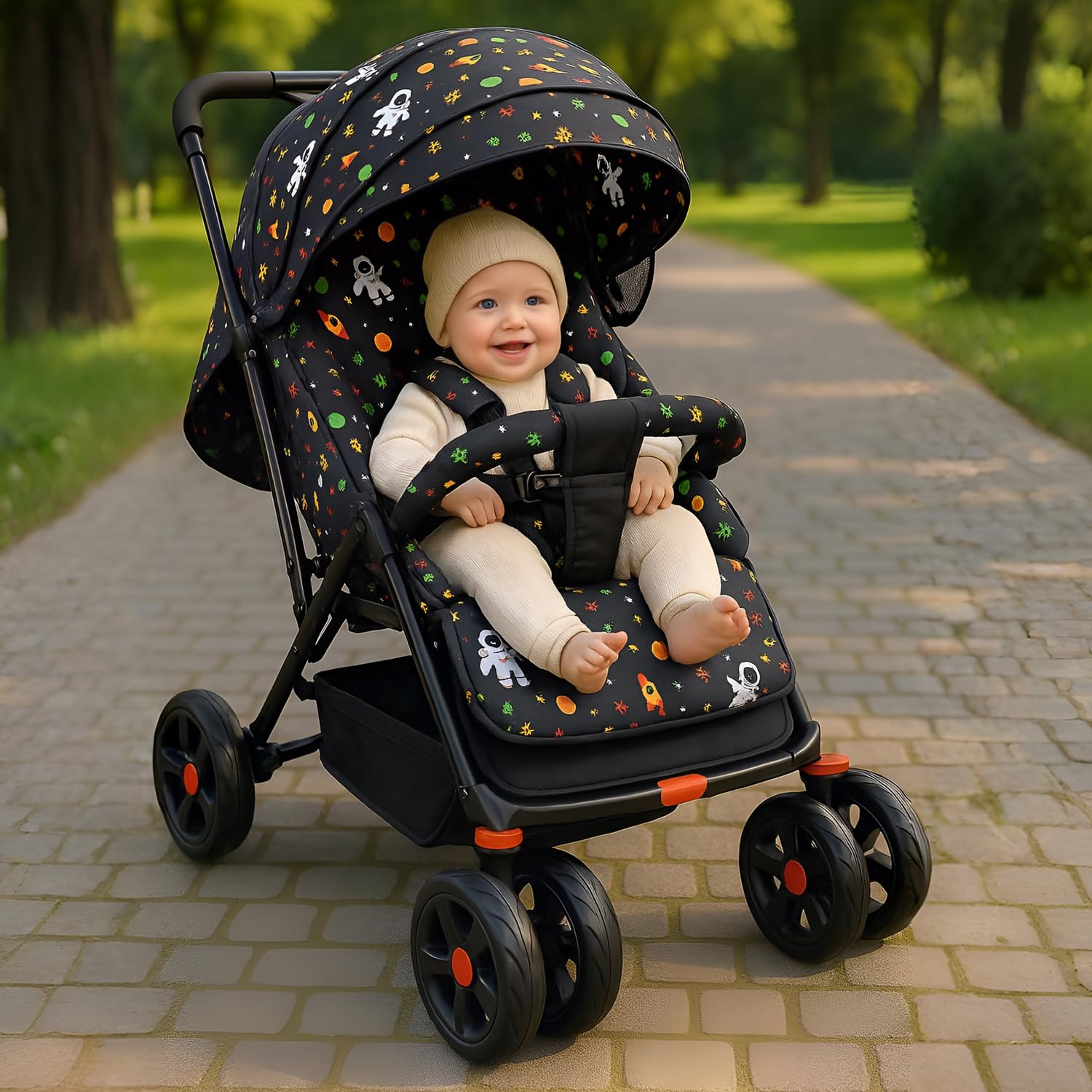 KIDBITKART Luna Travel Buggy Stroller Pram for 0-3 Years,Safety Harness,360° Swivel Wheel Stroller (Army Buggy) (Black)-image-3