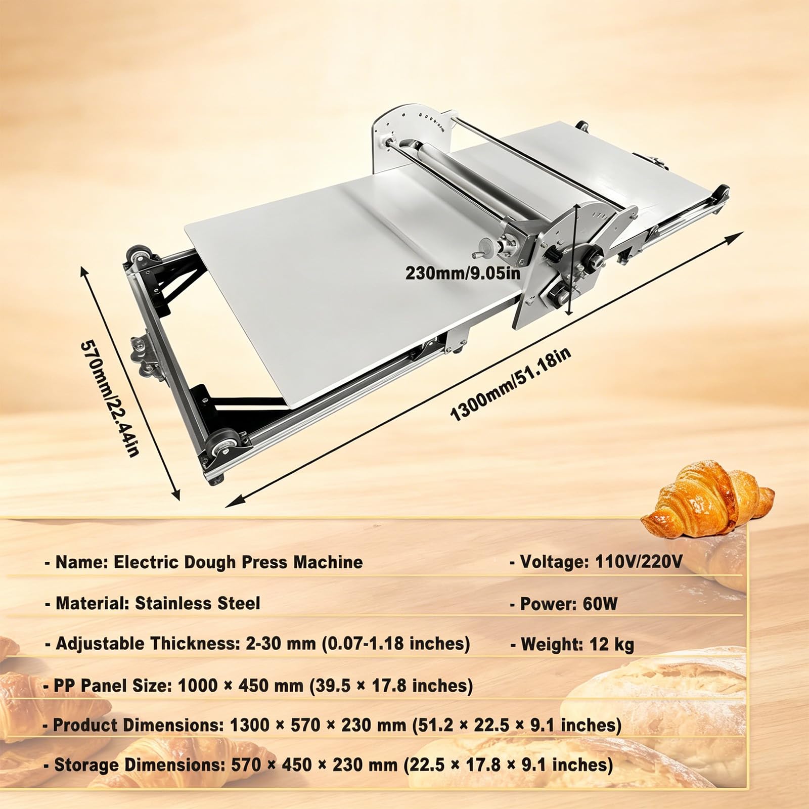 Laminoir à pâte feuilletée, laminoir électrique Pliable, épaisseur réglable de 0,07 à 1,18 po (2 à 30 mm), en Acier Inoxydable, pour Un Usage Domestique et Commercial,110v