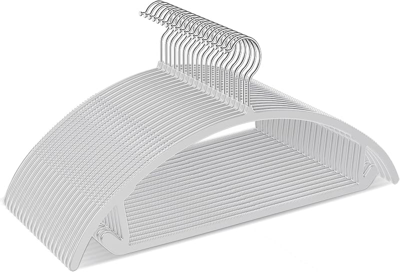 50 Pack No-Bump Plastic Clothes Hangers, Gray, Non-Slip, Space-Saving | ABS plastic construction, Curved no-bump shoulder design, Non-slip grip, 360° swivel hooks, 0.2 in slim profile