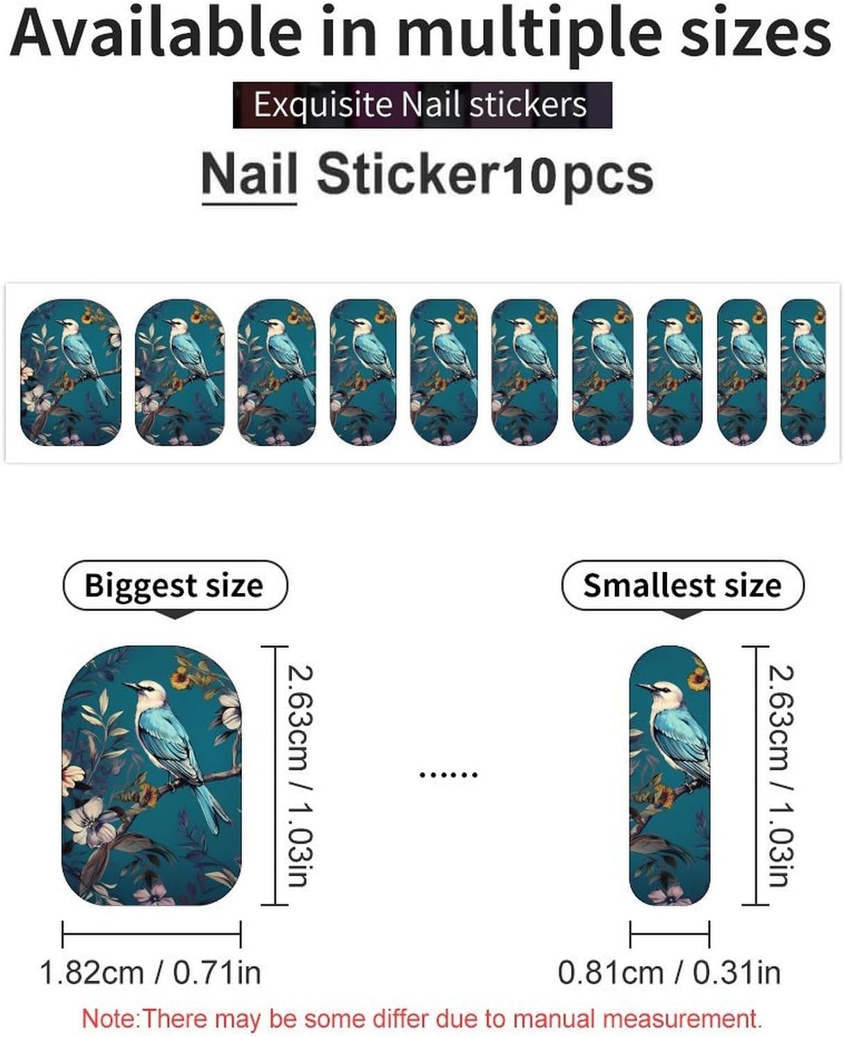 100 Pieces Full Nail Wraps Self-Adhesive Gel Nail Stickers for Women | Botanical Bird Teal Nail Strips, UV Free, Chip Resistant, Waterproof Full Cover, Long Lasting Nail Decals
