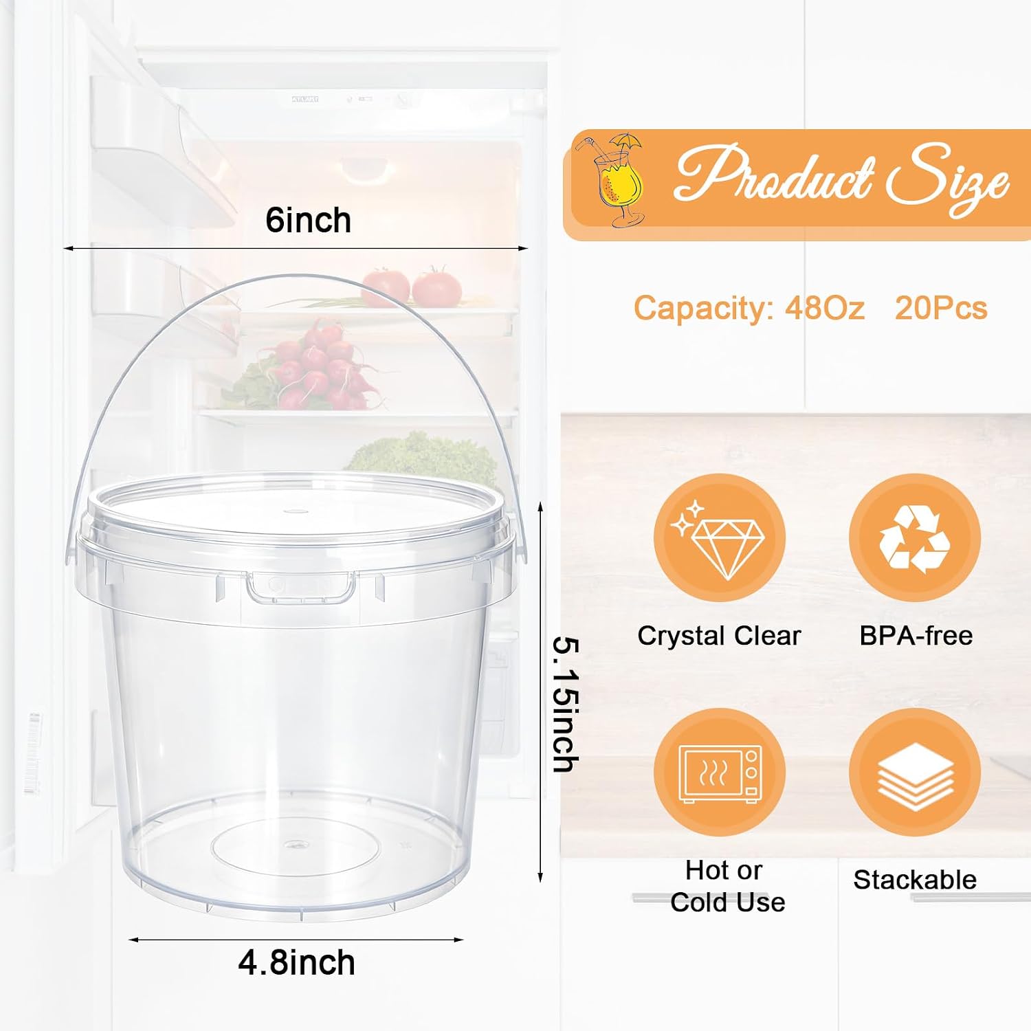 20 Pack 50 oz Clear Buckets with Lids and Handle Food Frade Plastic Bucket | Leakproof, Stackable, Deli Food Storage Containers for Drinks Meal Prep Freezer Safe Ice Cream Tubs