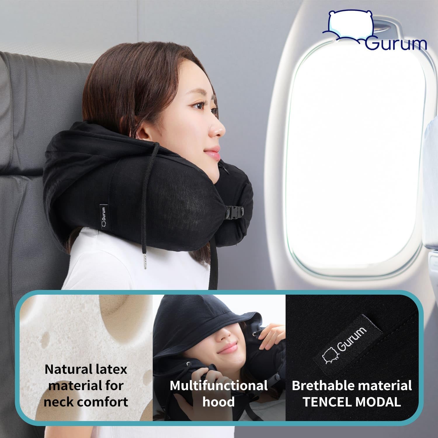 Gurum Travel Neck Pillow | Best Neck Pillow for Airplane Travel with Adjustable Hoodie, Soft Latex Support, Side Pocket & Breathable Tencel Cover | Traveling Pillow for Long Flights, Car, Home & Sleep