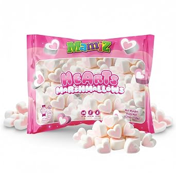 Heart Marshmallows - Valentines Day Candy, Pink, Kosher, Gluten-Free | 150g bag, nut-free & fat-free. Soft, fluffy pink heart marshmallows for Valentines gifts or parties.