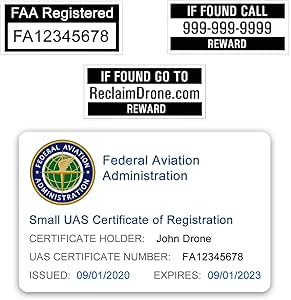 FAA Drone Labels (2 Sets of 3) + FAA UAS Registration ID Card for Hobbyist Pilots - Optional Battery Labels