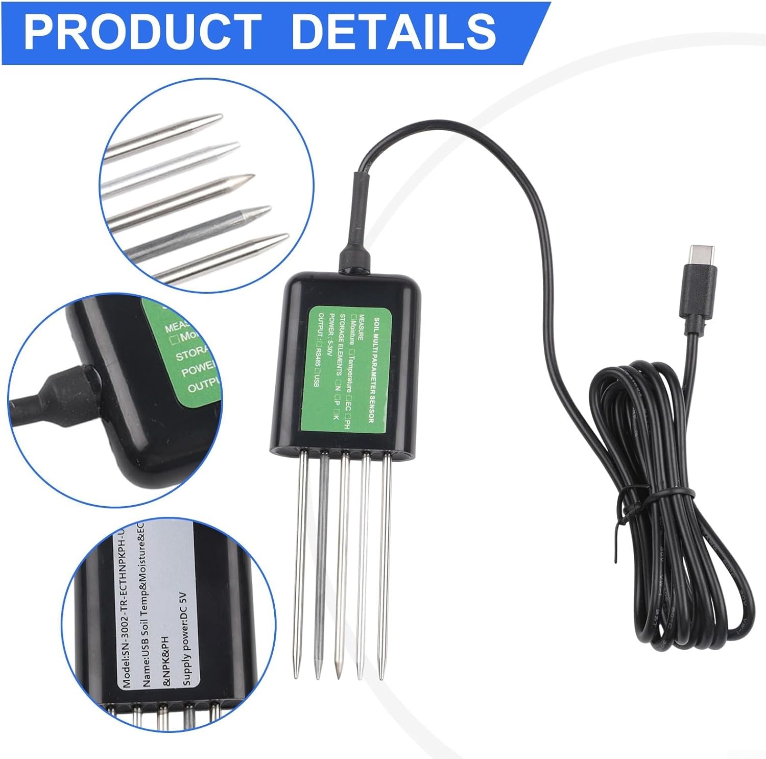 USB Soil Sensor 8-in-1 Soil Tester With for PH Temperature Humidity Nutrient Meter, Waterproof Probe Compatible With for Android, Black