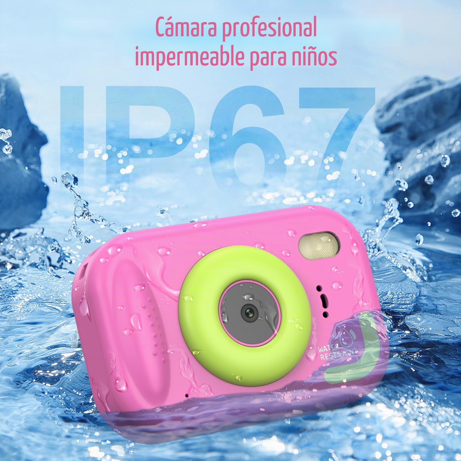 Cámara Fotos Infantil, Cámara Acuática para Niños, 48MP HD 1080P Cámara Impermeable para Niños con Pantalla de 2,4 Pulgadas Tarjeta de 32GB, Flash LED, Regalo para Niños y Niñas de 3-12 Años (Rosa)