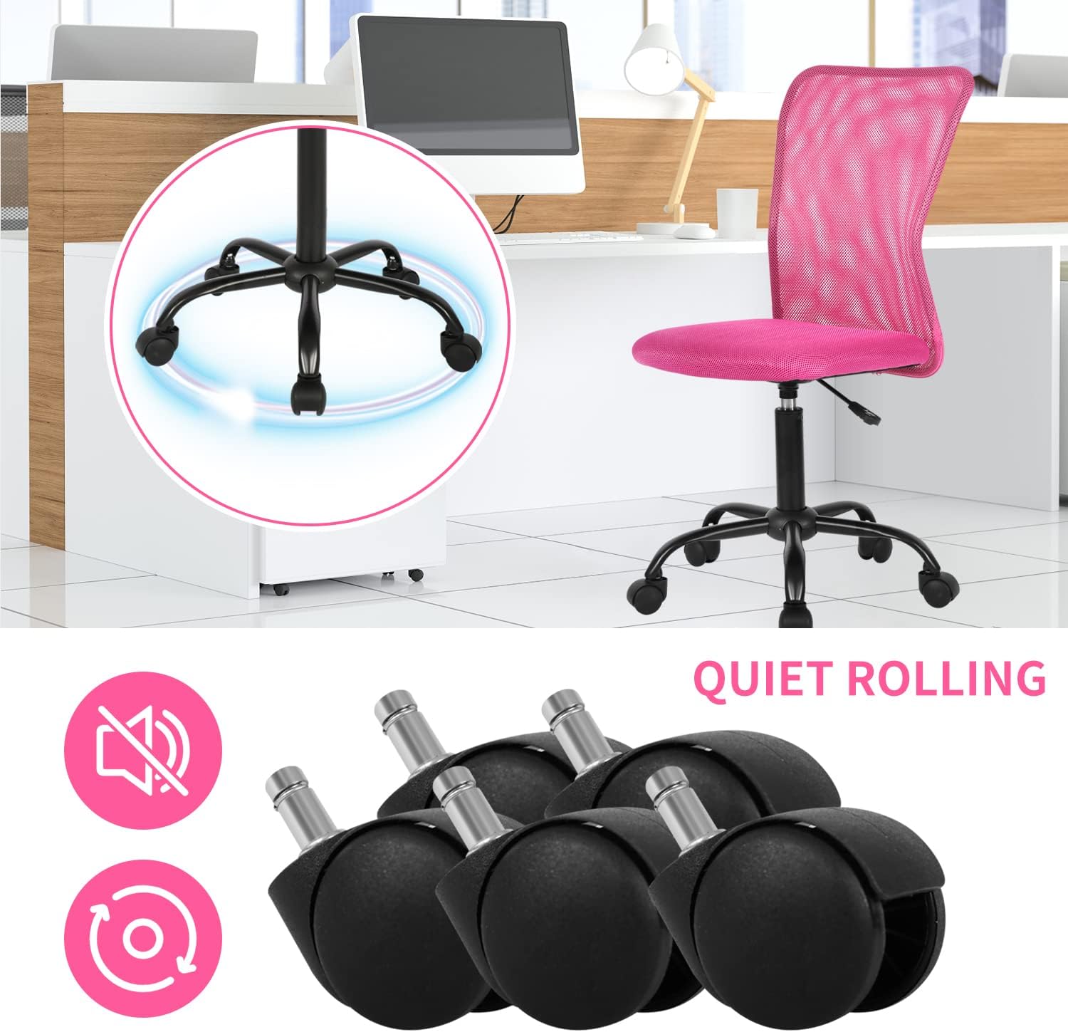 BLKMTY Home Office Chair, No Arms Small Desk Chairs, Mid Back Mesh Basic Computer Chairs Height Adjustable Small Swivel Office Chair No Armrest Rolling Swivel for Students, Pink