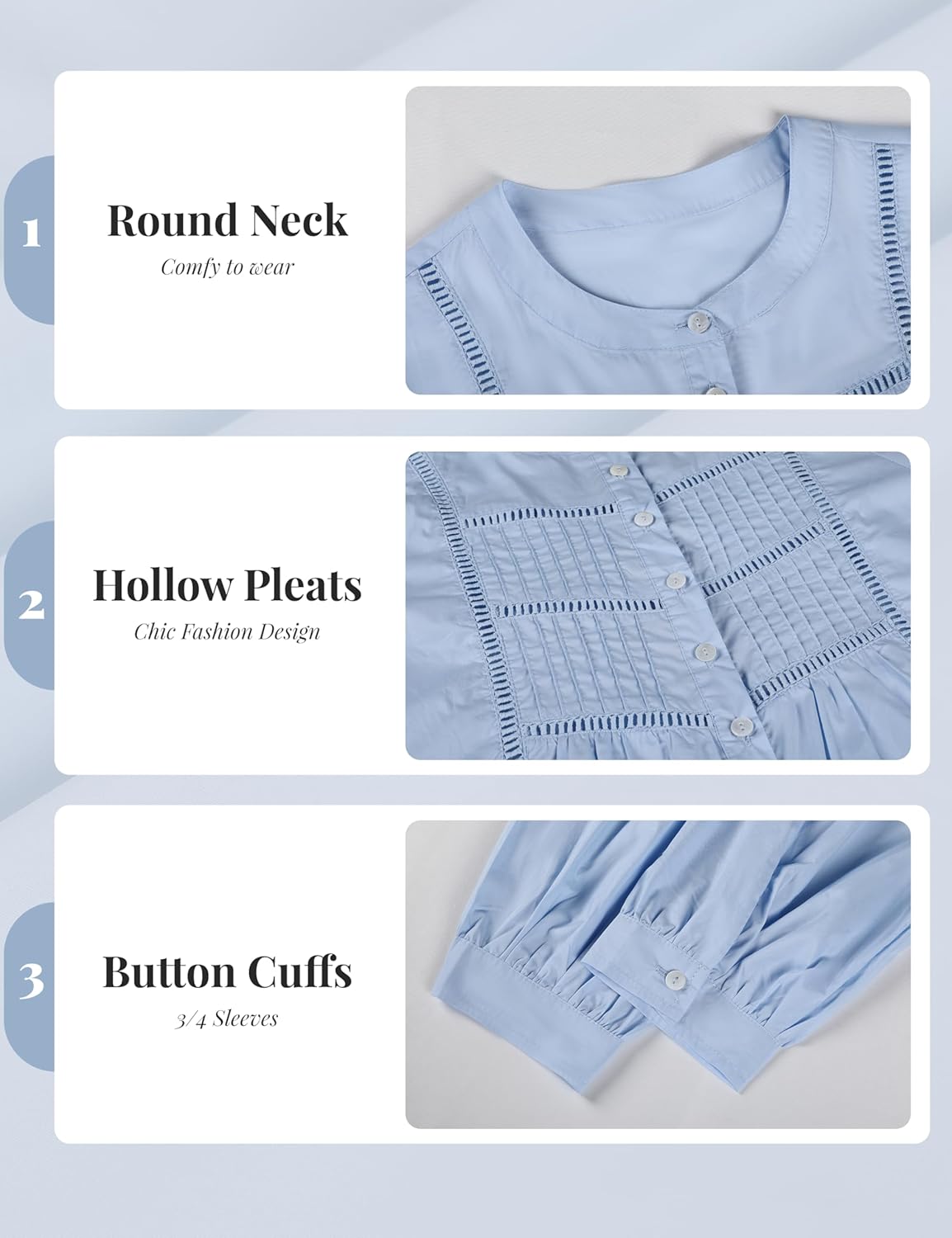 EsheSy Women's Button Down Shirts Lace Blouses Bracelet Sleeves Round Neck Loose Pleated Cotton Tops - Image 7