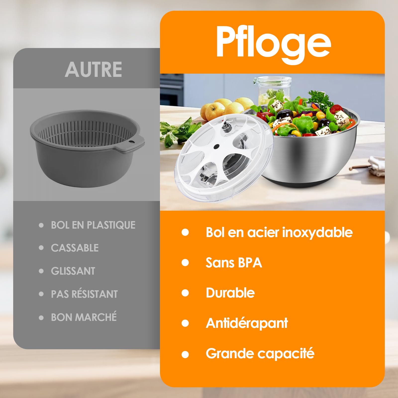 Essoreuse À Salade en Acier Inoxydable 4,5L, Saladier avec Couvercle Et Base Antidérapante, Essoreuse À Salade INOX Idéale pour Égoutter Légumes Et Pâtes