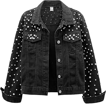 Womens Pearls Denim Jacket Rhinestones Jean Jackets Loose Embroidered Pearls Beading Cropped Jean Coat